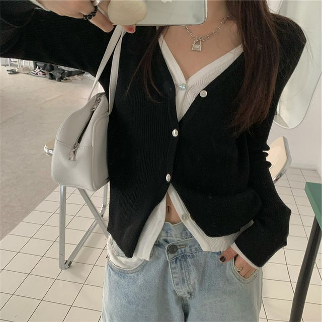 Tone Two Mock Long-Sleeve Two-Piece V-Neck Top Knit Button-Up
