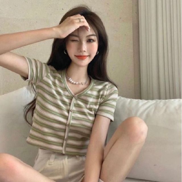 Striped Short-Sleeve Crop Button-Up Tee V-Neck