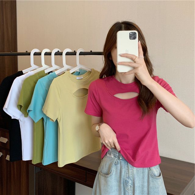 Neck T-Shirt Cut Out Plain Crew Short-Sleeve