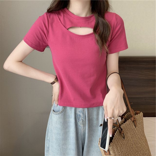 Neck T-Shirt Cut Out Plain Crew Short-Sleeve
