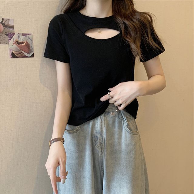 Neck T-Shirt Cut Out Plain Crew Short-Sleeve