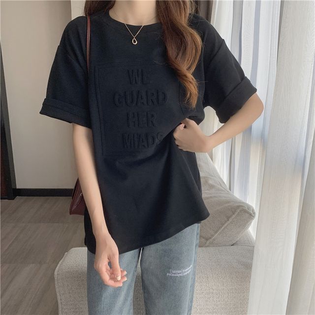 Elbow-Sleeve Embossed Neck Lettering Tee Plain Oversized Crew
