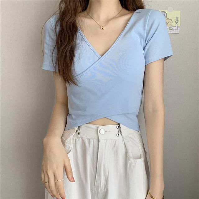 Short-Sleeve T-Shirt Plain V-Neck Wrap Crop