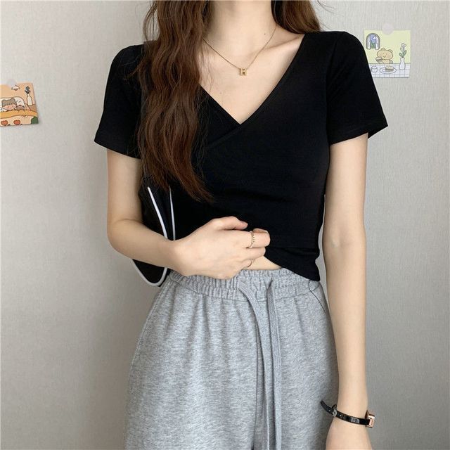 Short-Sleeve T-Shirt Plain V-Neck Wrap Crop