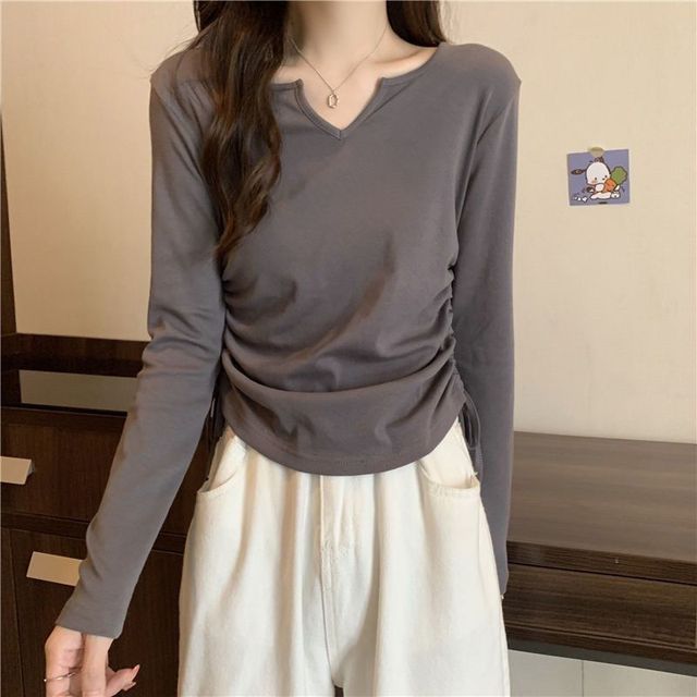 Drawstring Long-Sleeve Plain V-Neck T-Shirt