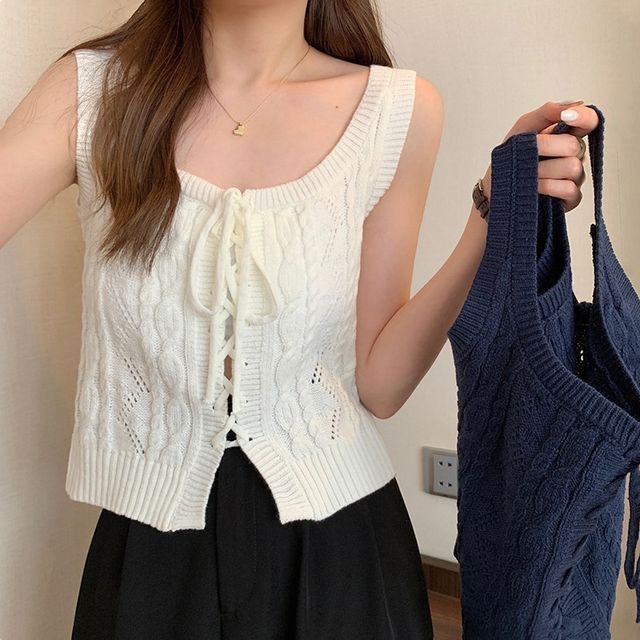 Knit Vest Lace-Up Cable-Knit