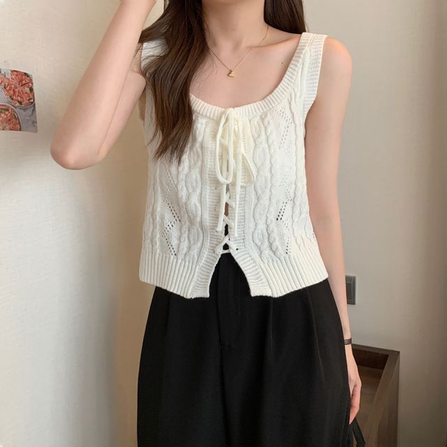 Knit Vest Lace-Up Cable-Knit