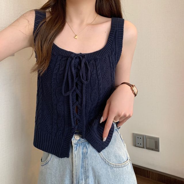 Knit Vest Lace-Up Cable-Knit
