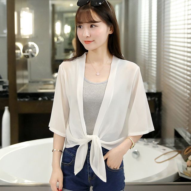 Elbow-Sleeve Plain Chiffon Crop Tie Front Jacket