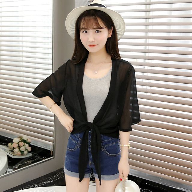 Elbow-Sleeve Plain Chiffon Crop Tie Front Jacket