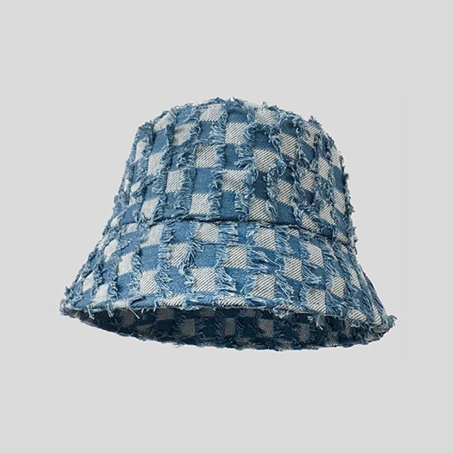 Denim Fringed Bucket Checker Hat
