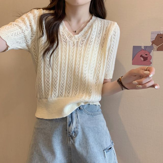 V-Neck Crochet Knit Top Short-Sleeve