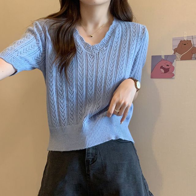 V-Neck Crochet Knit Top Short-Sleeve