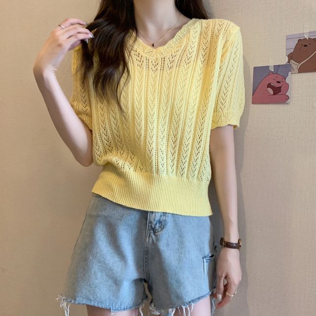 V-Neck Crochet Knit Top Short-Sleeve
