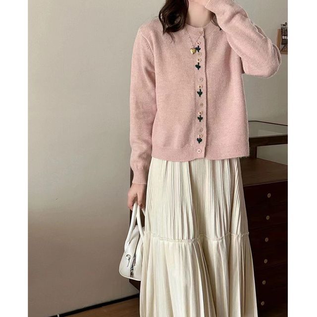 Plain Cardigan Floral Neck Crew