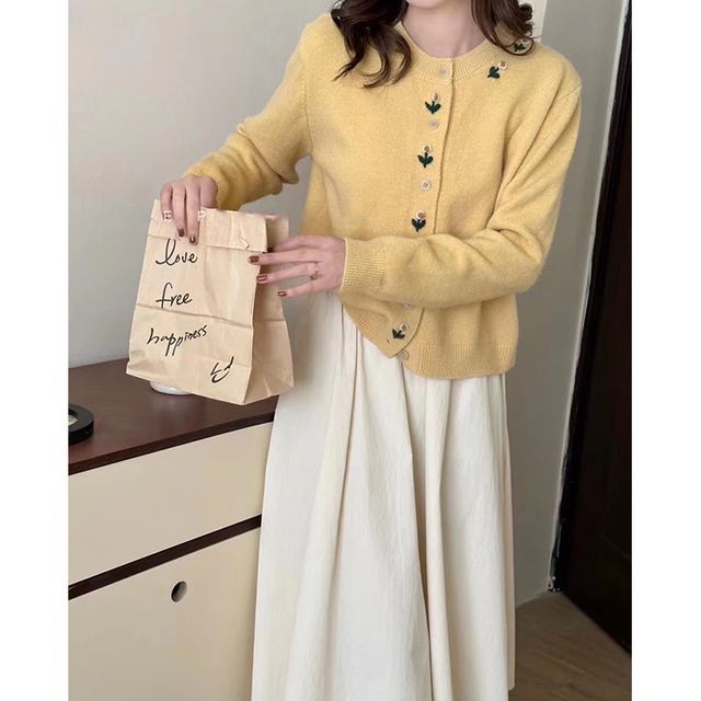 Plain Cardigan Floral Neck Crew