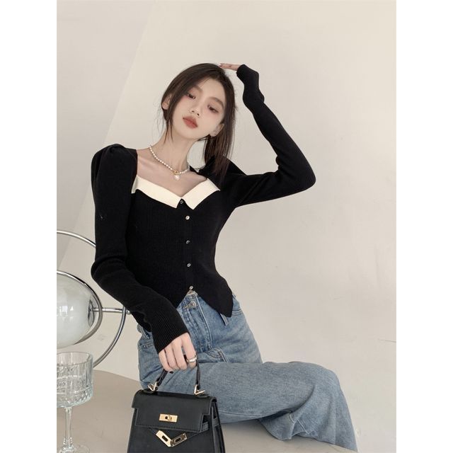 Slim-Fit Top Puff-Sleeve Square-Neck Knit