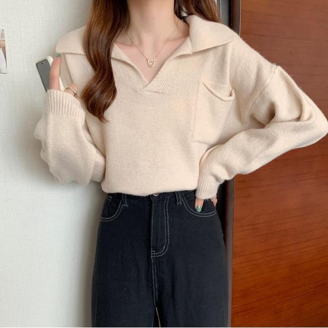 V-Neck Plain Loose-Fit Sweater