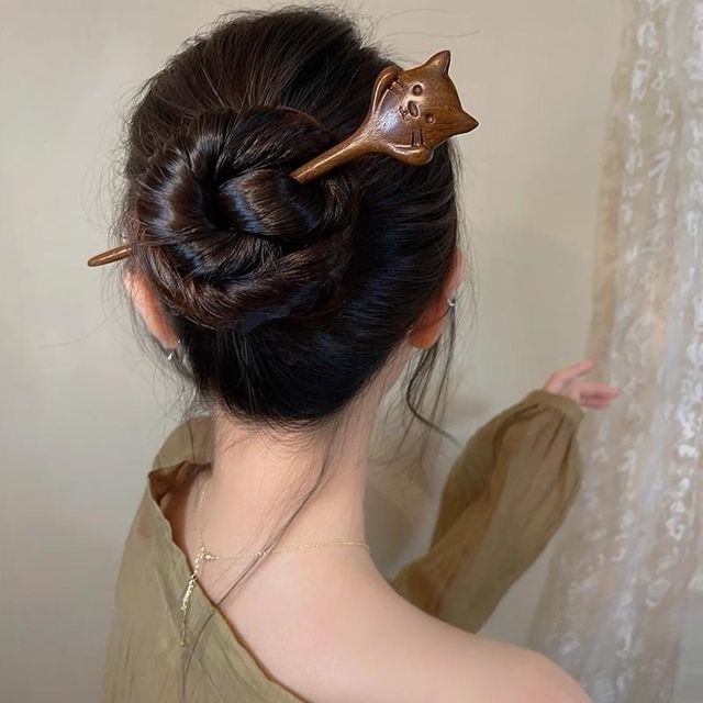 (Various Hair Stick Designs) Wooden Cat