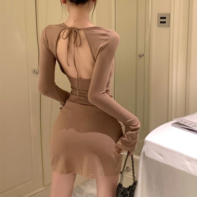 Mini Open Back Neck Sheath Dress Long-Sleeve Crew Plain