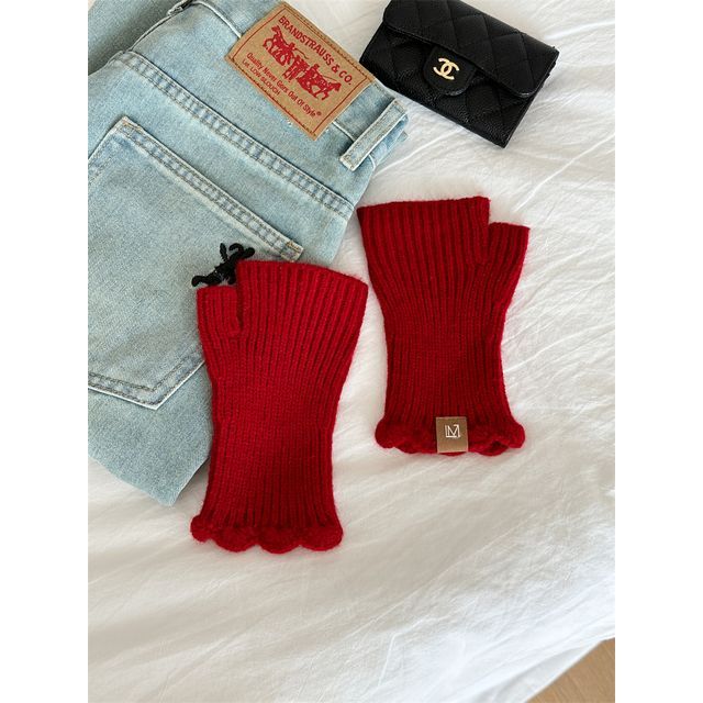 Applique Fingerless Knit Gloves Lettering