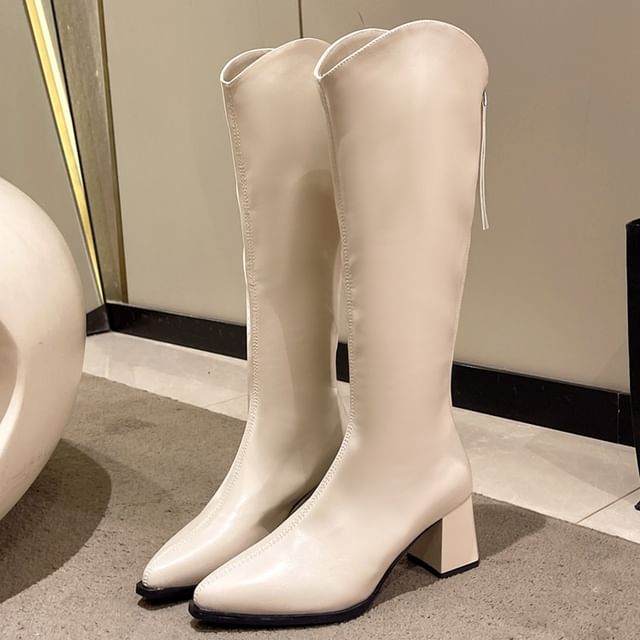 Chunky Boots Faux Heel Pointy Tall Leather