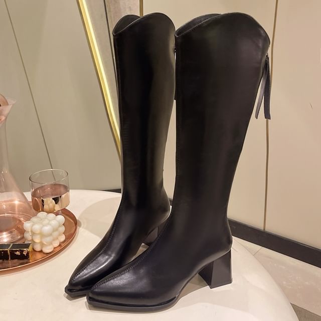 Chunky Boots Faux Heel Pointy Tall Leather