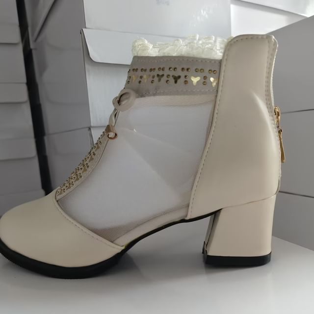 Pointed Trim Chunky Heel Panel Mesh Boots Lace Ankle