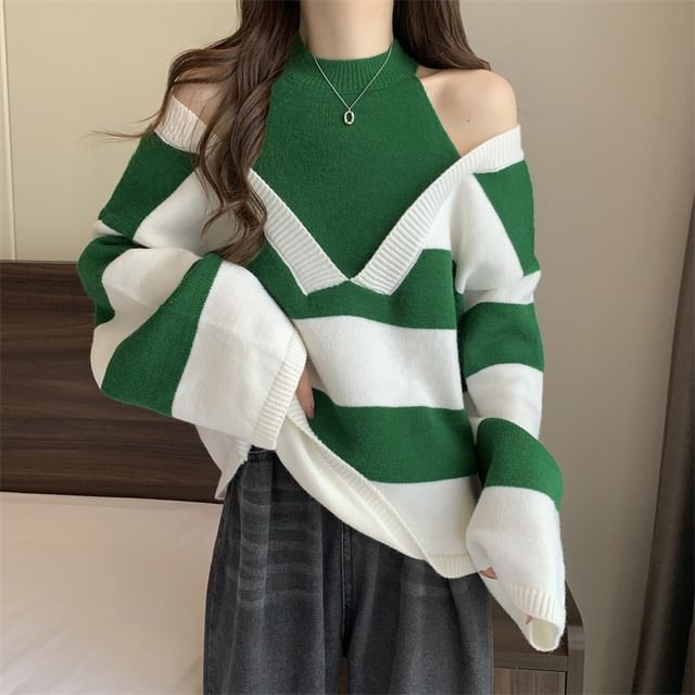Long-Sleeve Striped Sweater Mock Two-Piece