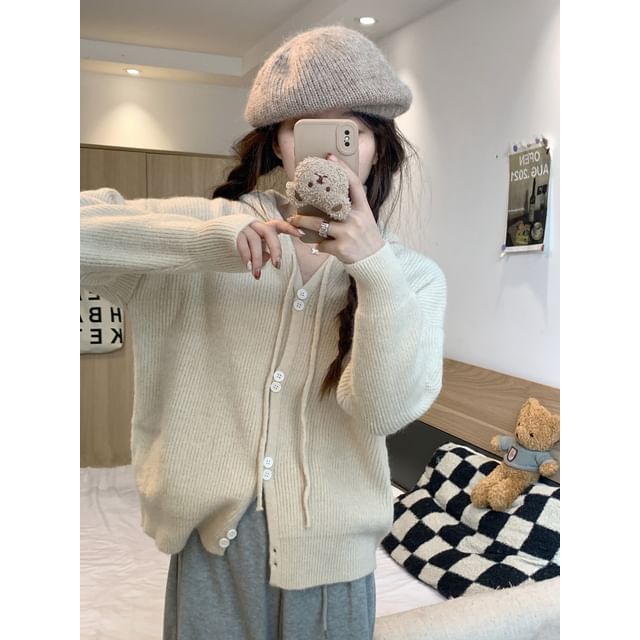 Hooded Cardigan Plain Button-Up