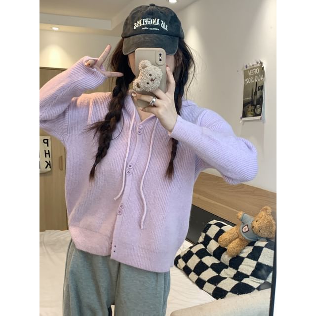 Hooded Cardigan Plain Button-Up