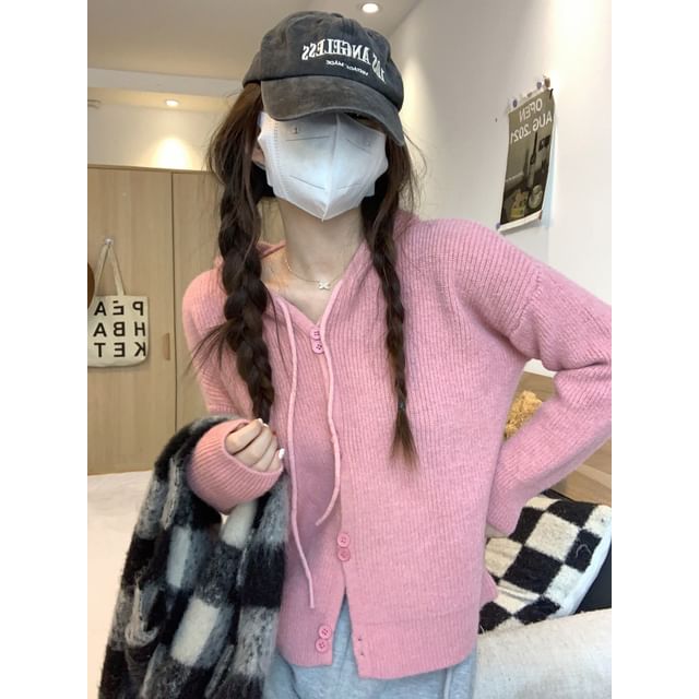 Hooded Cardigan Plain Button-Up