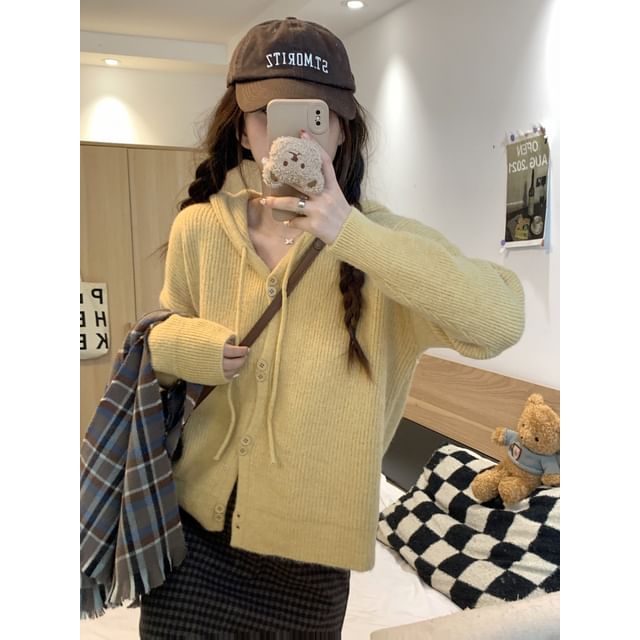 Hooded Cardigan Plain Button-Up