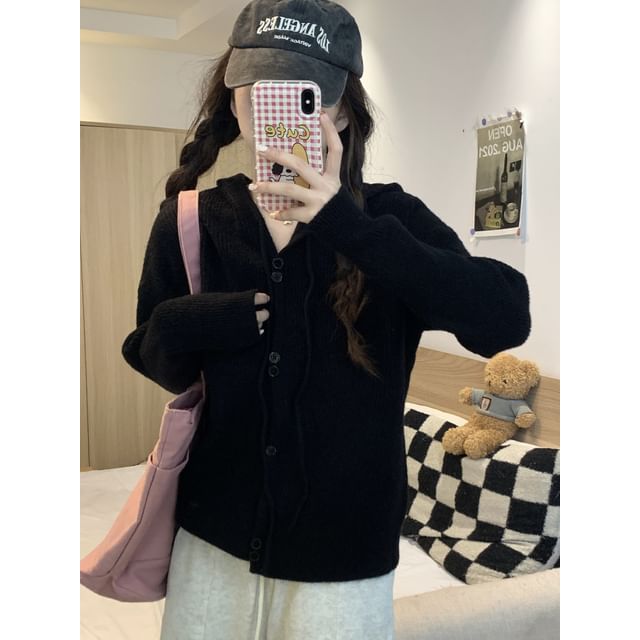 Hooded Cardigan Plain Button-Up
