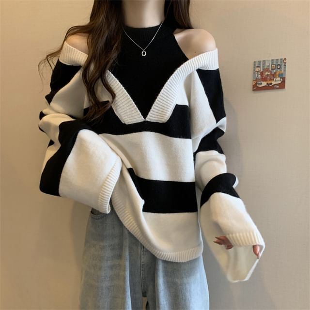 Long-Sleeve Striped Sweater Mock Two-Piece