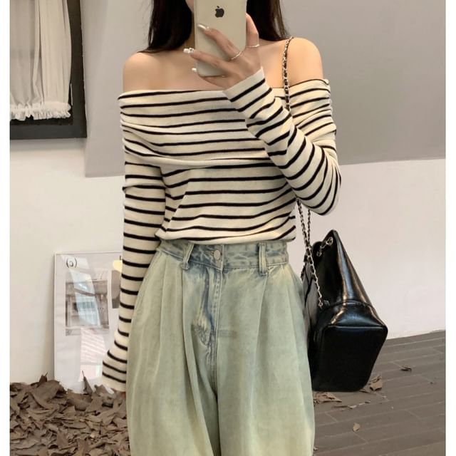 Striped Top Long-Sleeve Knit Slim-Fit