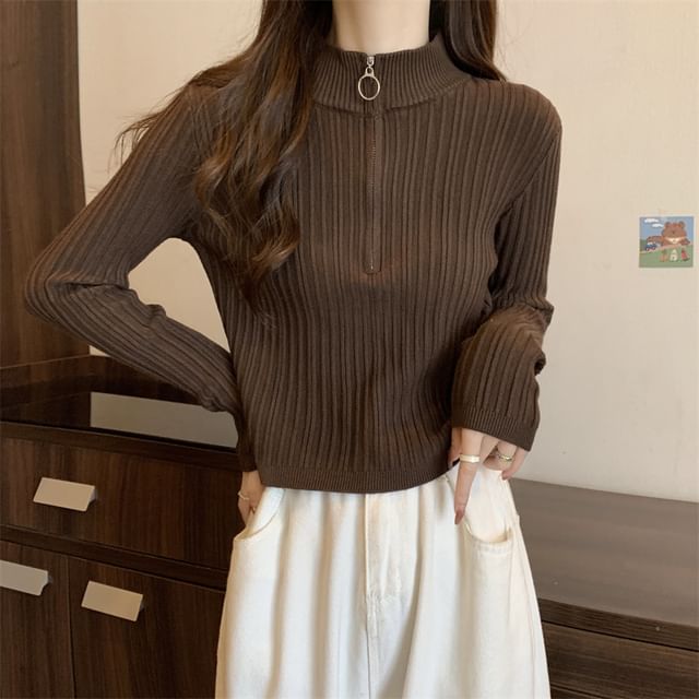 Mock-Neck Knit Zip Plain Top Half Long-Sleeve Slim-Fit