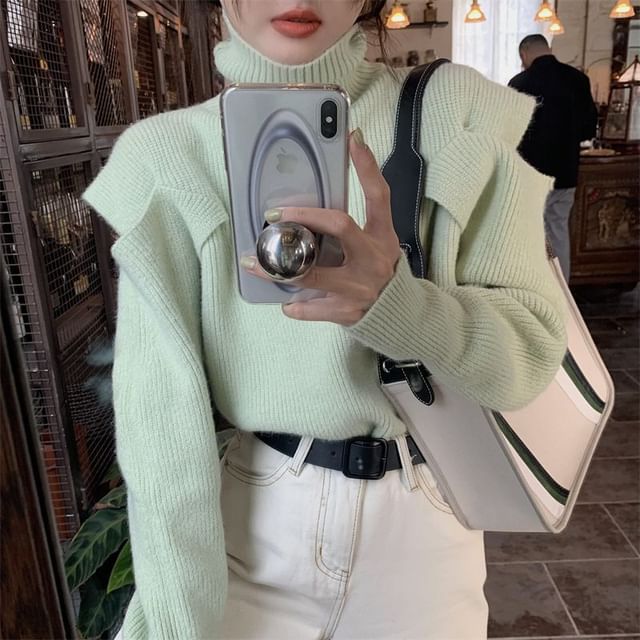 Sweater Plain Loose-Fit Turtleneck Cold-Shoulder