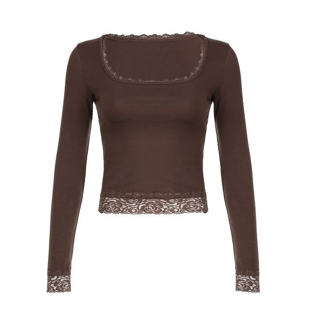 Long-Sleeve Square-Neck Lace Cropped Top