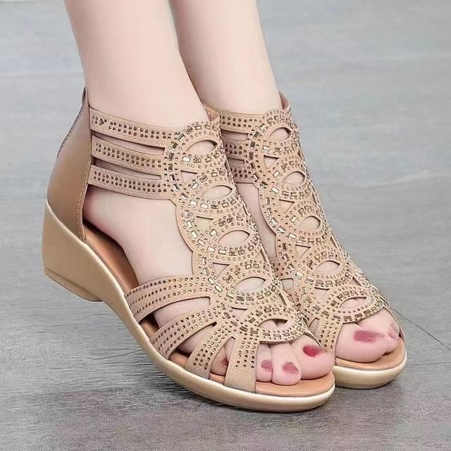 Low-Heel Glitter Perforated Sandals