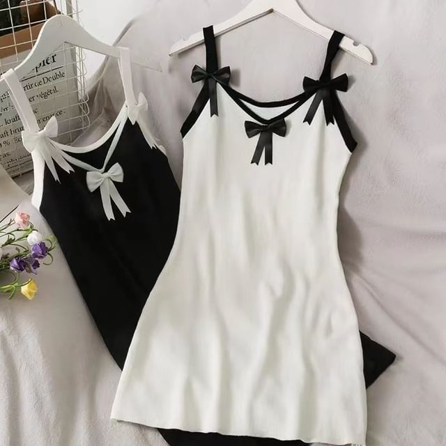 Strap Contrast Dress Trim Bodycon Mini Spaghetti Bow
