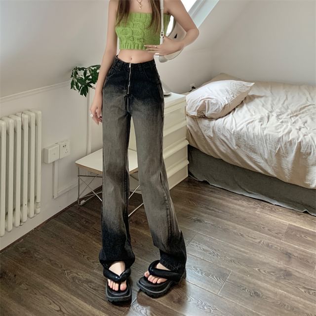 Washed Loose Waist High Gradient Fit Jeans