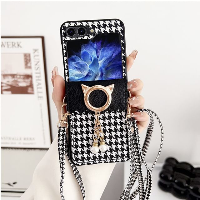 Case Pearl Lanyard Houndstooth Phone Faux Cat