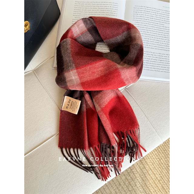 Lettering Applique Wool Plaid Fringed Scarf