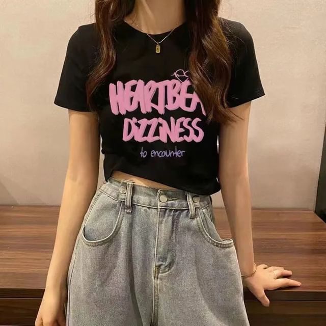 Lettering Print T-Shirt Neck Crew Crop Short-Sleeve