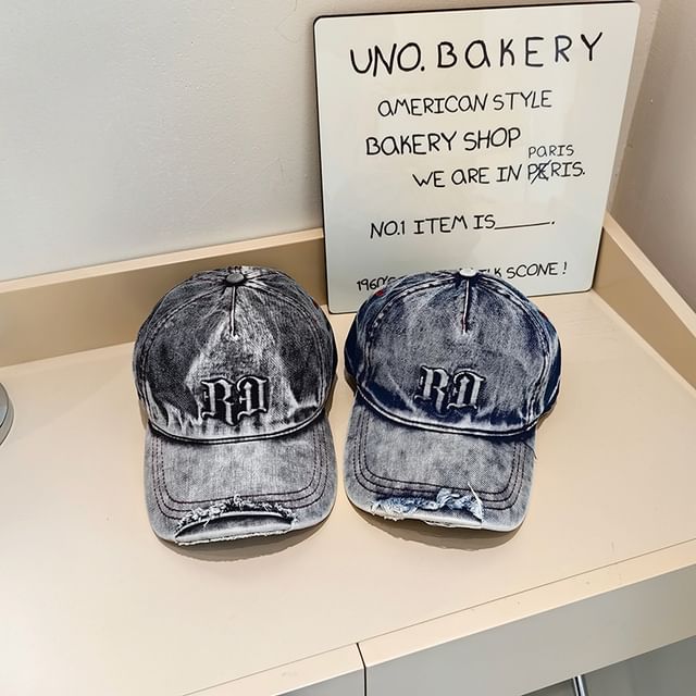 Distressed Lettering Washed Denim Baseball Cap