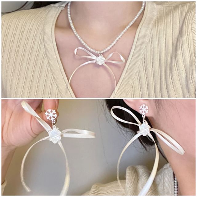 / Drop Earring Snowflake Choker Ribbon