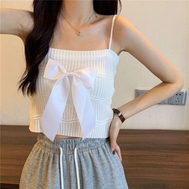 Top Camisole Bow Ribbed Knit Plain