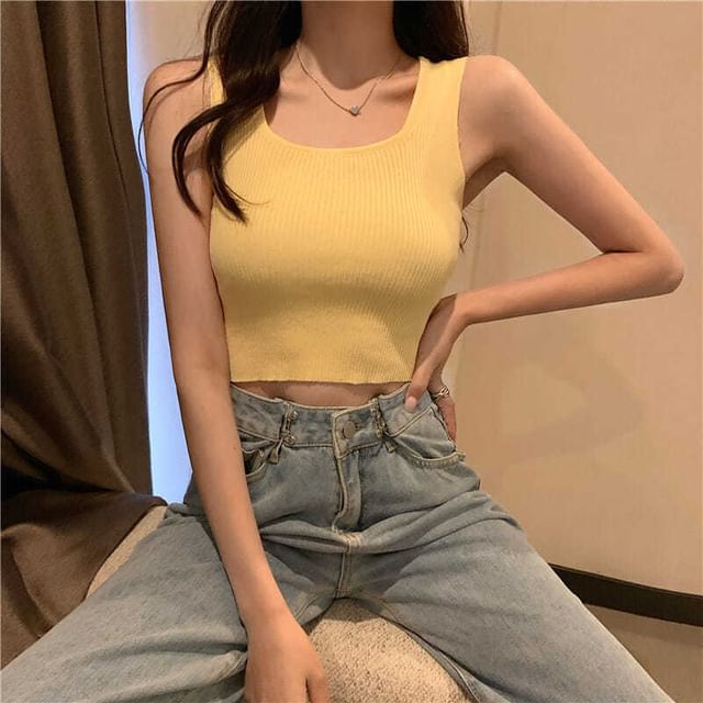 Tank Plain Neck Knit Square Top Ribbed