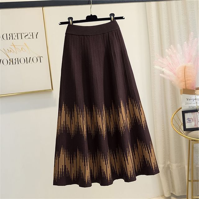 Waist Skirt A-Line Midi High Printed Knit